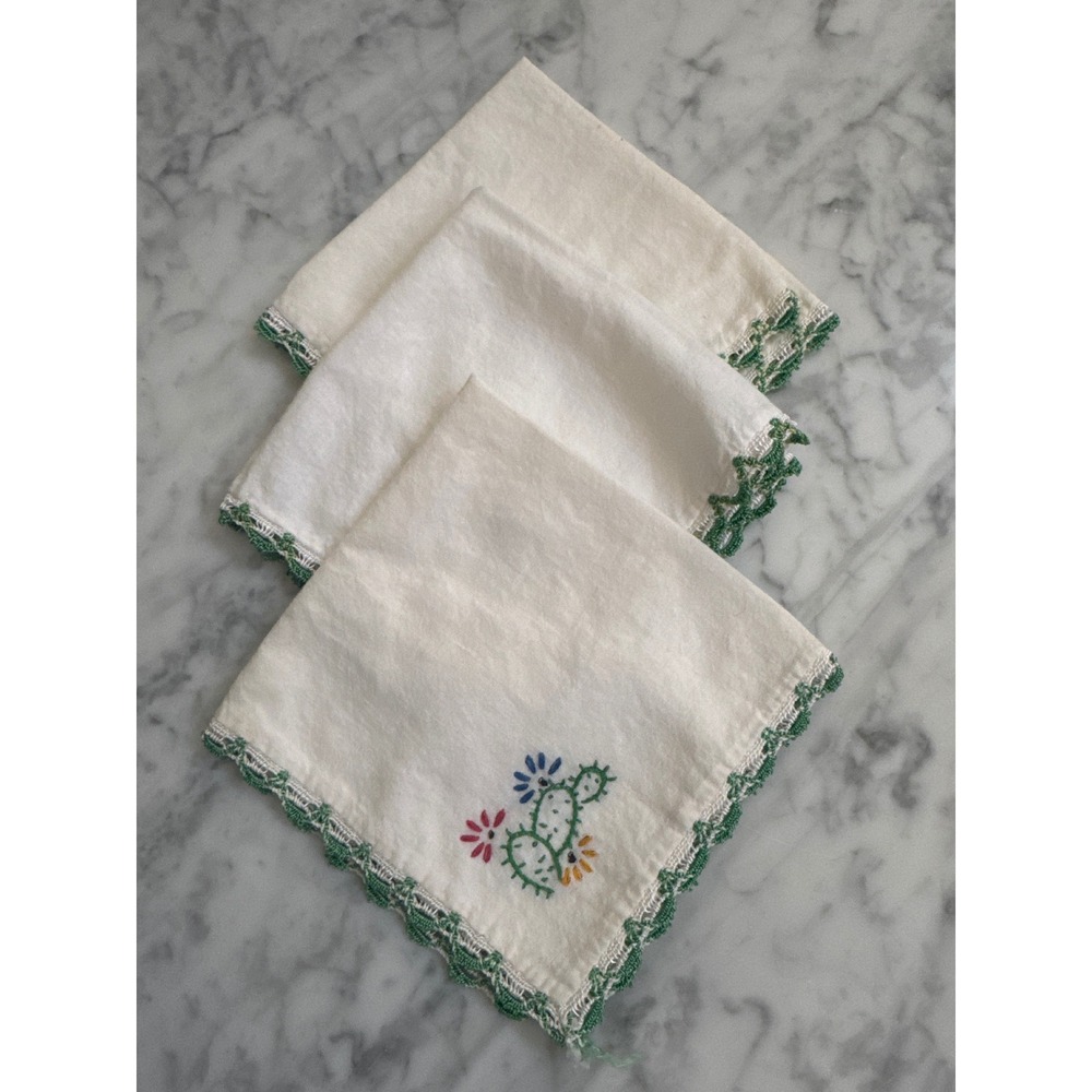 Vintage Hand Embroidered Cactus Linen Napkins Set of 3 Green Lace Trim 11.5"